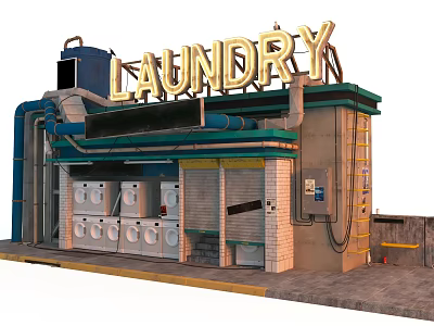 Sci Fi Futuristic Laundry Shop With Neon Sign Industrial Pipes And Vintage Machines 3d model