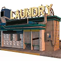 Sci Fi Futuristic Laundry Shop With Neon Sign Industrial Pipes And Vintage Machines