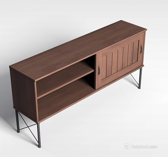 Wooden Storage Cabinet With Drawers Shelves And Black Metal Legs Modern Design 3d model 