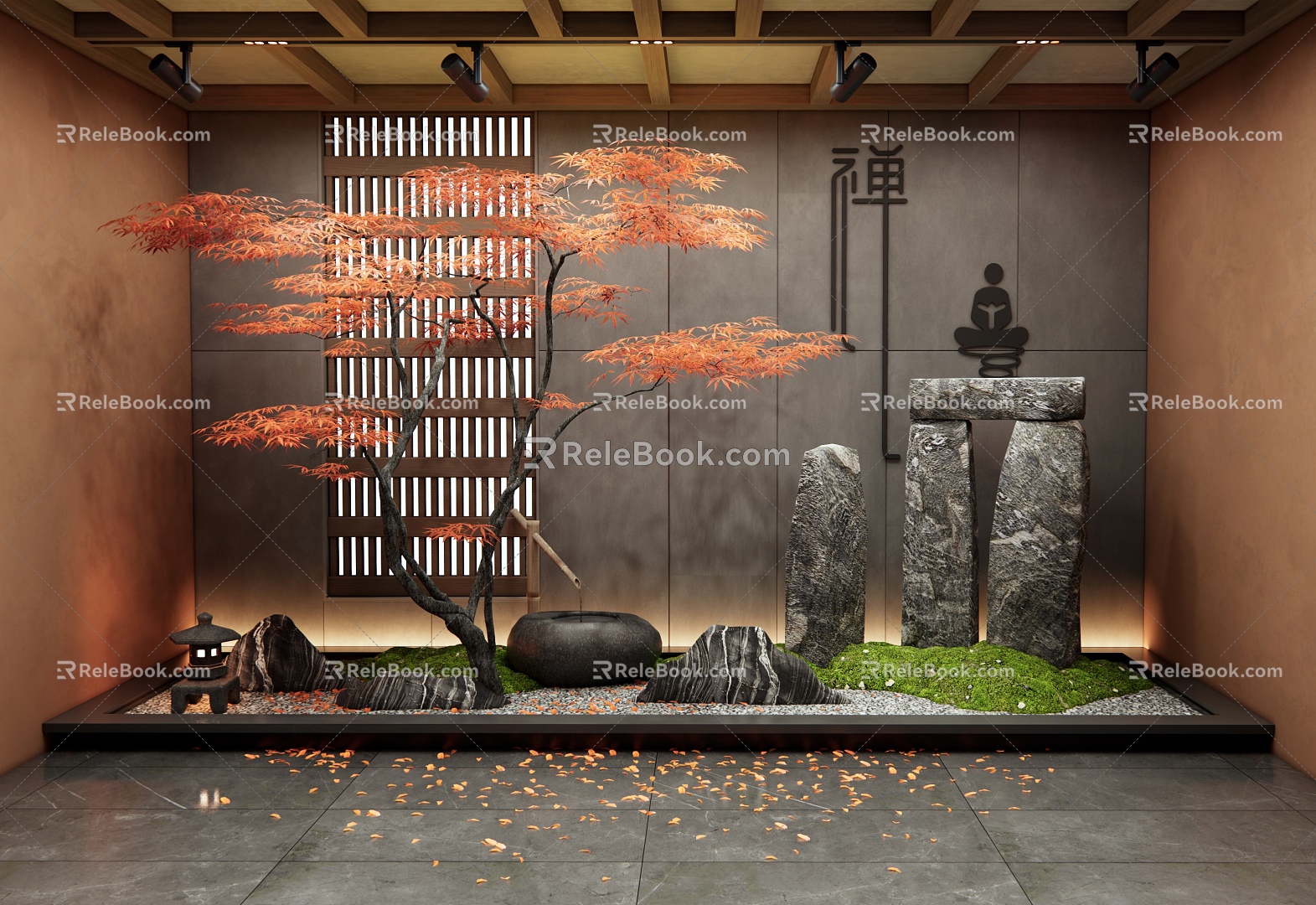 New Chinese Courtyard Landscape Scrip Indoor Landscape Landscape Stone Water Bowl Red Maple Landscape Tree Moss Zen Scrip Plant Landscape 3d model