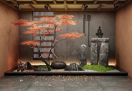 New Chinese Courtyard Landscape Scrip Indoor Landscape Stone Water Bowl Red Maple Landscape Tree Moss Zen Scrip Plant Landscape 3d model