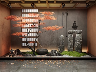 New Chinese Courtyard Landscape Scrip Indoor Landscape Stone Water Bowl Red Maple Landscape Tree Moss Zen Scrip Plant Landscape 3d model