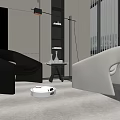 Black And Beige Modern Accent Chairs With Coffee Table Floor Lamp And Bookshelf In Living Space