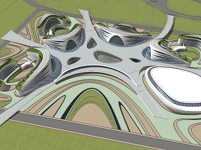 Contemporary Architectural Design Featuring Curved Connected Buildings And Green Landscape Layout 3d model