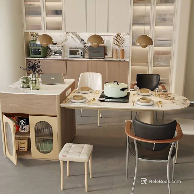 Modern Restaurant Interior with Dining Table Mixed Chairs Tableware Vase and Gold Pendant Lights 3d model 
