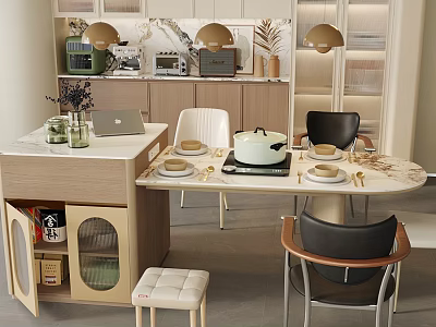 Modern Restaurant Interior with Dining Table Mixed Chairs Tableware Vase and Gold Pendant Lights 3d model