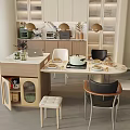 Modern Restaurant Interior with Dining Table Mixed Chairs Tableware Vase and Gold Pendant Lights