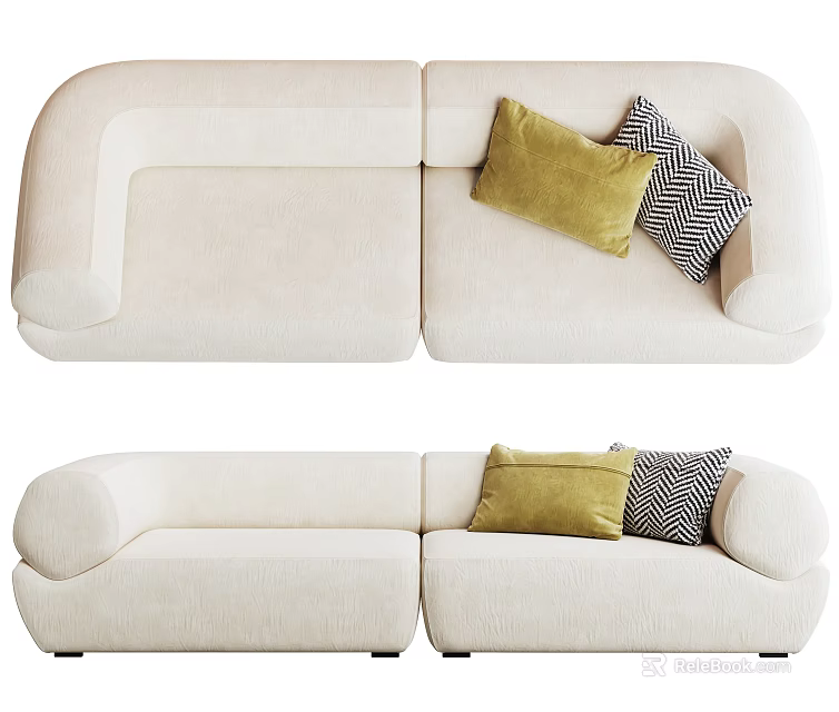 Modern Cream Colored Sectional Sofa With Curved Design And Yellow Black And White Patterned Cushions 3d model 