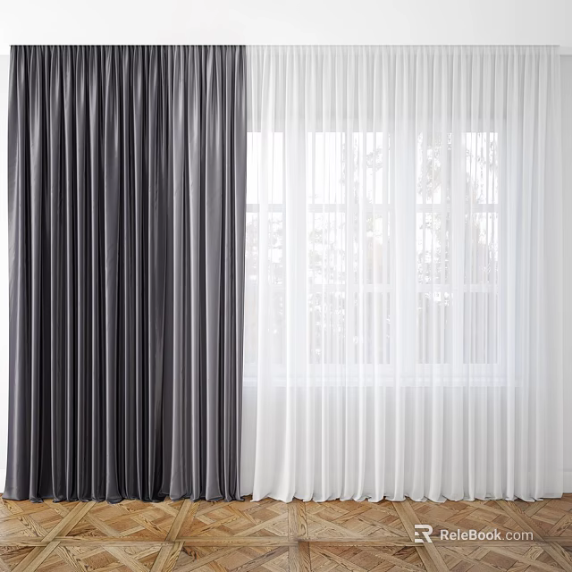 Dark Gray Thick And White Sheer Curtains For Window With Trees Outside View 3d model 