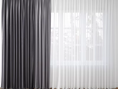 Dark Gray Thick And White Sheer Curtains For Window With Trees Outside View 3d model