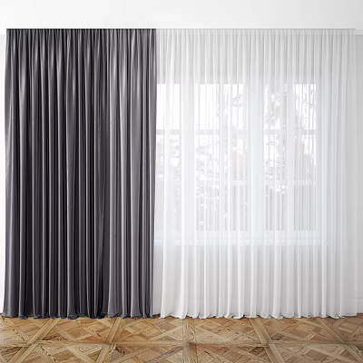 Dark Gray Thick And White Sheer Curtains For Window With Trees Outside View 3d model