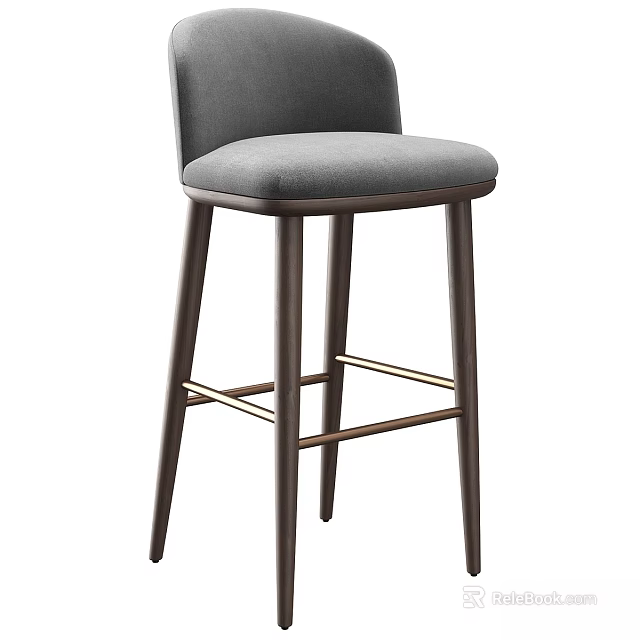 Modern Bar Stool with Gray Cushion and Dark Wooden Legs and Backrest Design 3d model 
