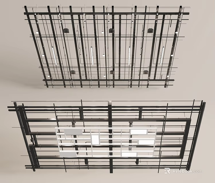 Modern Grid Ceiling Design With Metal Frame Structure And Black Grid Lines 3d model 