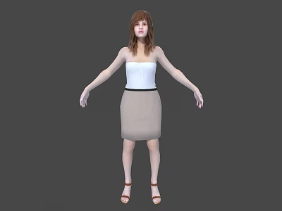 Woman In White Strapless Top Beige Skirt Brown Sandals Arms Outstretched On Gray Background 3d model