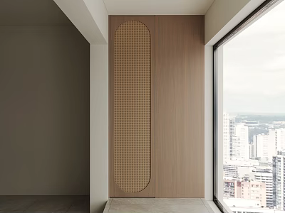 Modern Home Balcony Design With Wooden Cabinet Lattice Pattern Large Window And City View 3d model