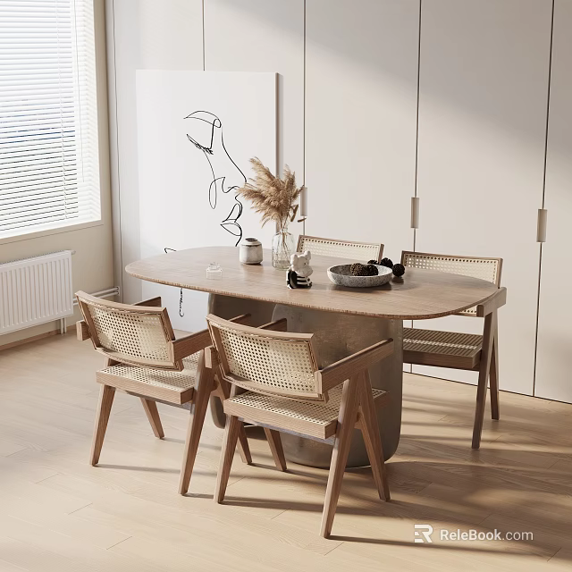 Oval Dining Table Set With Rattan Chairs Dried Pampas Grass Vase And Black Bowl 3d model 