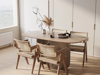 Oval Dining Table Set With Rattan Chairs Dried Pampas Grass Vase And Black Bowl 3d model