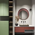Modern Bathroom Washbasin With Circular Backlit Mirror Green Cabinet White Paneled Shelves And Marble Countertop