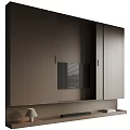 Modern TV Background Wall With Wooden Cabinets Built-in TV And Table Lamp