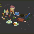 Household Kitchen Essentials Including Bottles Toaster Frying Pan Whisk Knife Cutting Board And Food Items