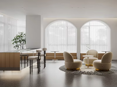 Modern Lounge Area With Open Layout White Walls Arched Windows Beige Sofas Bar And Greenery 3d model