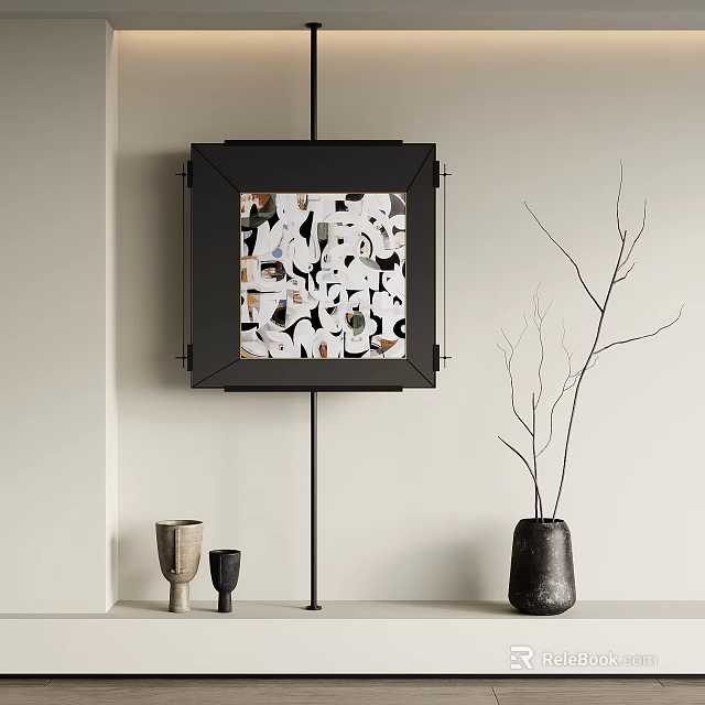 Square Decorative Painting With Black Frame And Black White Pattern In Interior With Vase Branches And Ceramic Ornaments 3d model 