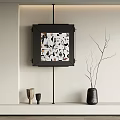 Square Decorative Painting With Black Frame And Black White Pattern In Interior With Vase Branches And Ceramic Ornaments