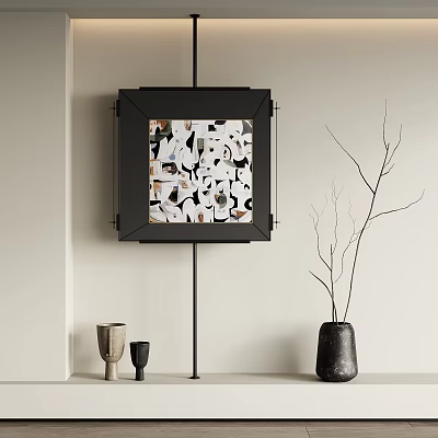 Square Decorative Painting With Black Frame And Black White Pattern In Interior With Vase Branches And Ceramic Ornaments 3d model