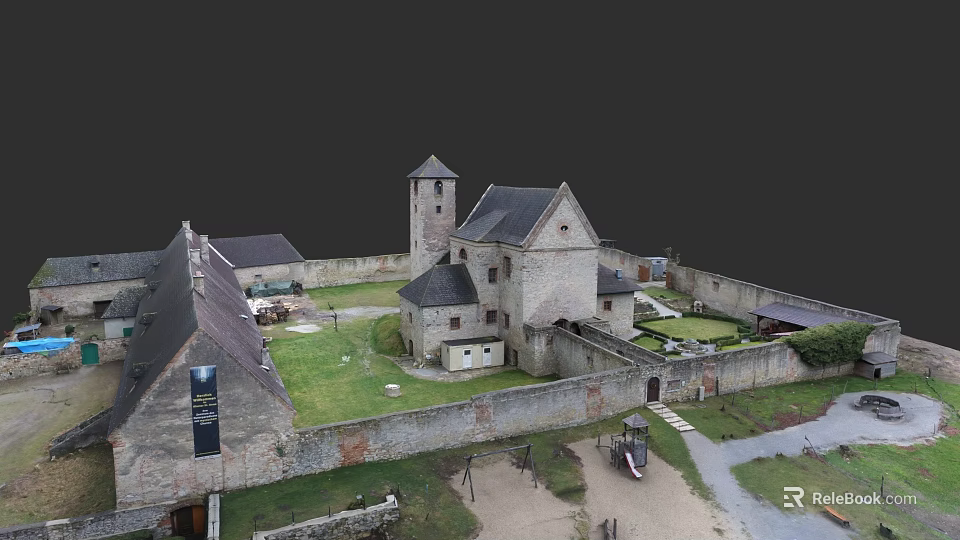 European Architecture Historic Castle Featuring Tower Courtyard Stone Walls And Green Lawn 3d model 