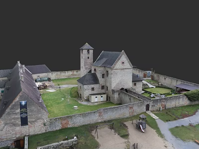 European Architecture Historic Castle Featuring Tower Courtyard Stone Walls And Green Lawn 3d model