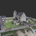 European Architecture Historic Castle Featuring Tower Courtyard Stone Walls And Green Lawn