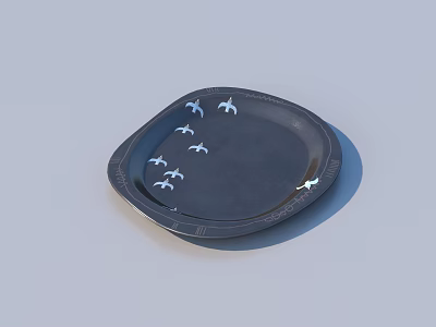 Elegant Dinnerware Set Featuring Black Square Plate With Silver Bird Patterns And Decorative Rim 3d model