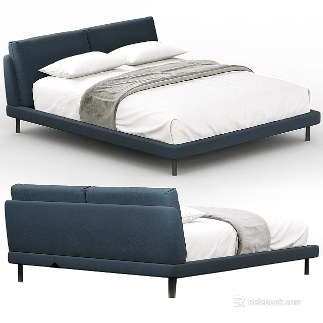 Modern Navy Blue Upholstered Double Bed With White Sheets And Gray Throw Blanket 3d model