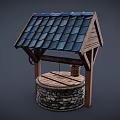 Traditional Well Structure With Rustic Wooden Roof Blue Tiles Stone Base Wooden Bucket And Wheel