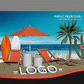 Beach Themed Photo Check in Spot With Orange Umbrella Lounge Chairs And Palm Tree