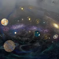 Colorful Cosmic Space Scene With Planets Stars And Spiral Galaxy