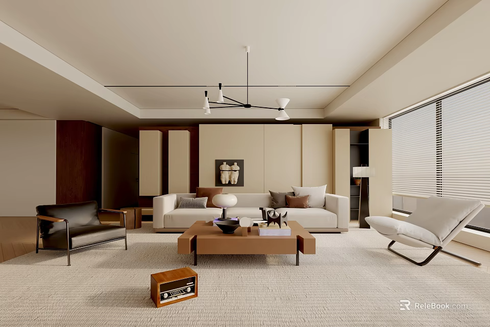 Modern Living Room Interior Design With Beige Sofa Armchair Coffee Table And Chandelier On Carpet 3d model 