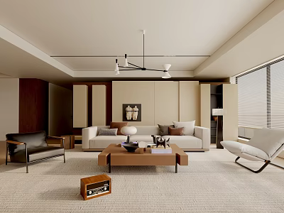 Modern Living Room Interior Design With Beige Sofa Armchair Coffee Table And Chandelier On Carpet 3d model