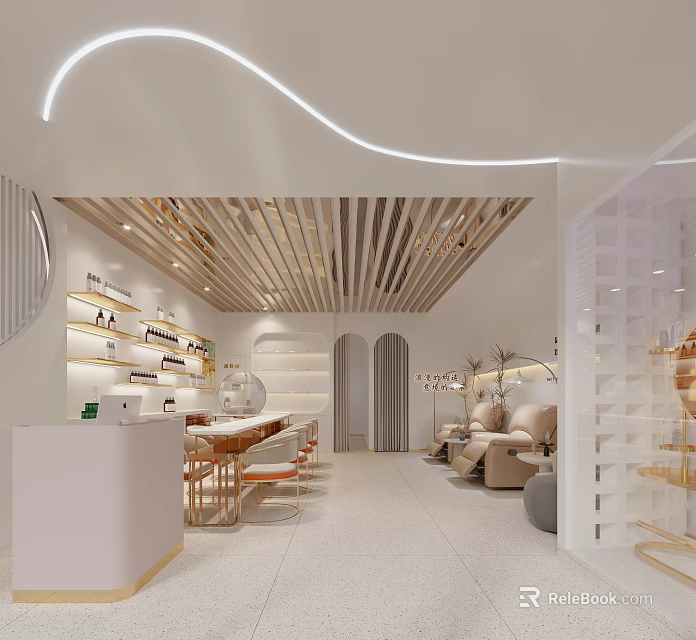 Modern Beauty Hair Salon Interior With Styling Chairs Reception Desk Product Shelves And Soft Lighting 3d model 