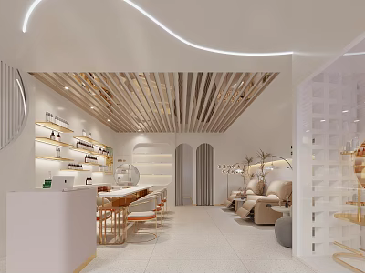 Modern Beauty Hair Salon Interior With Styling Chairs Reception Desk Product Shelves And Soft Lighting 3d model