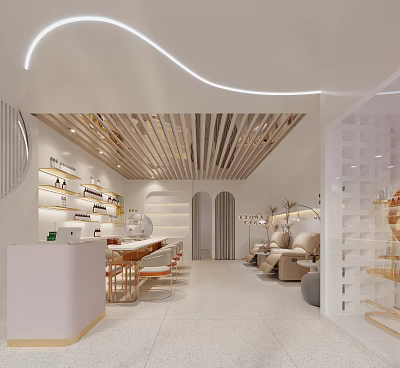 Modern Beauty Hair Salon Interior With Styling Chairs Reception Desk Product Shelves And Soft Lighting 3d model