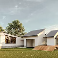 Guesthouse Building With Grey Roof White Walls Green Lawn Trees And Wooden Terrace