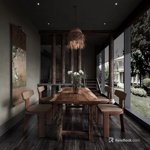 Rustic Restaurant with Wooden Dining Table Chairs Rattan Pendant Light Decorative Painting and Greenery View 3d model 