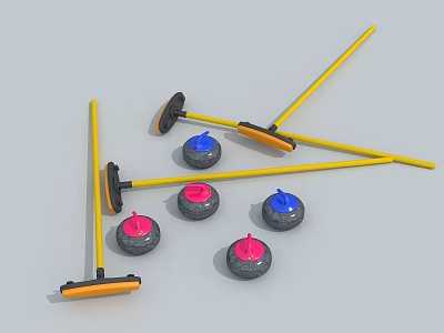 High Quality Curling Sports Equipment Featuring Colored Stones And Yellow Brooms 3d model