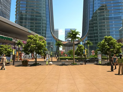 Modern Office Building with Glass Facade in Urban Plaza with Green Trees and Pedestrians 3d model