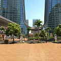 Modern Office Building with Glass Facade in Urban Plaza with Green Trees and Pedestrians