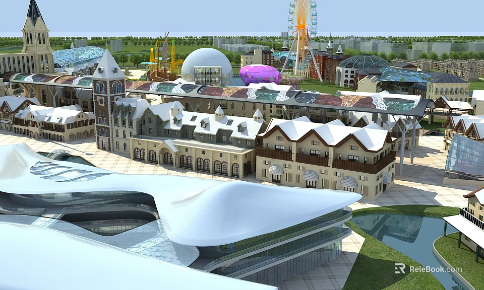 Amusement Park With Ferris Wheel Colorful Buildings Castle Structures Open Plaza And Lush Greenery 3d model 