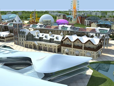 Amusement Park With Ferris Wheel Colorful Buildings Castle Structures Open Plaza And Lush Greenery 3d model