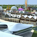 Amusement Park With Ferris Wheel Colorful Buildings Castle Structures Open Plaza And Lush Greenery