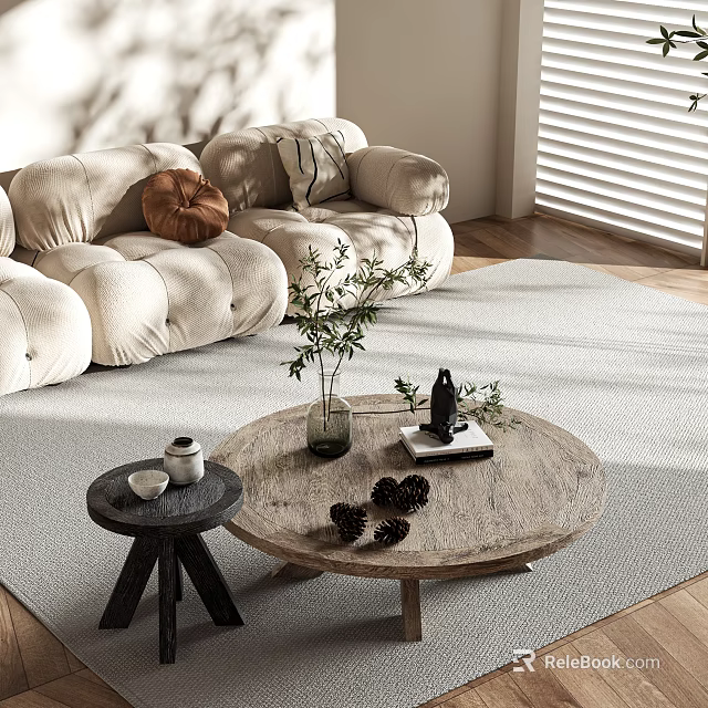 Natural Wooden Coffee Table With Green Plant Pine Cones Decorations Side Table Sofa And Rug 3d model 